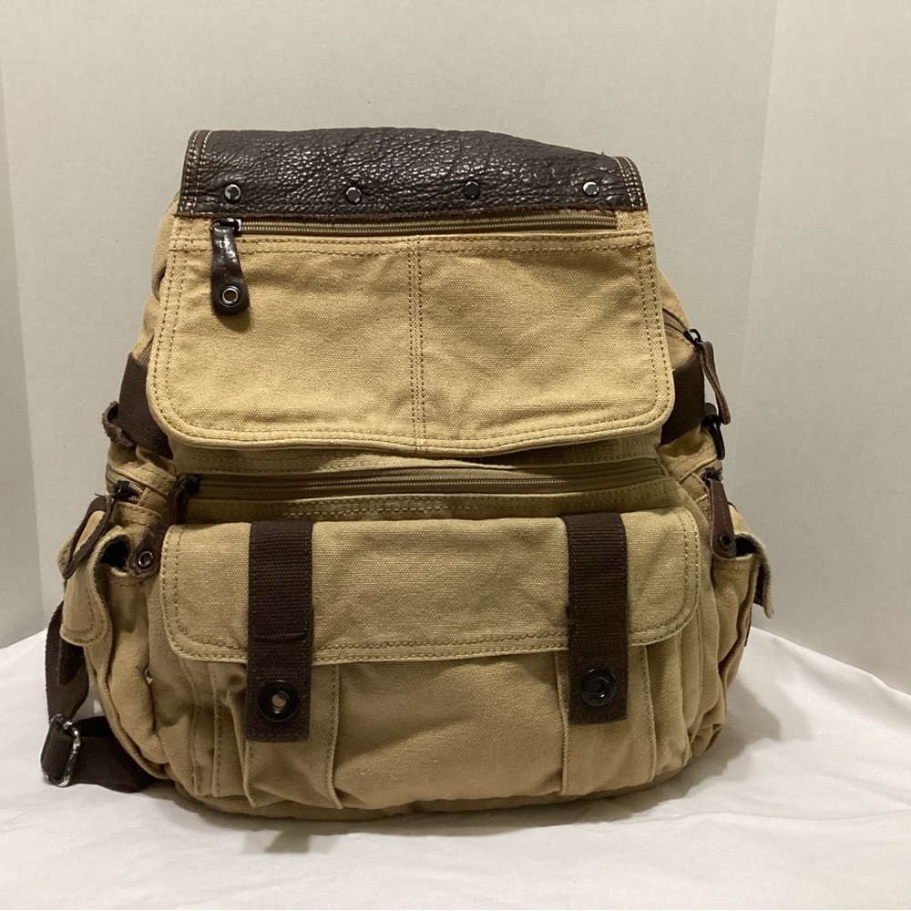 Fossil Vintage Canvas with Leather Trim Backpack Brown lots of pockets